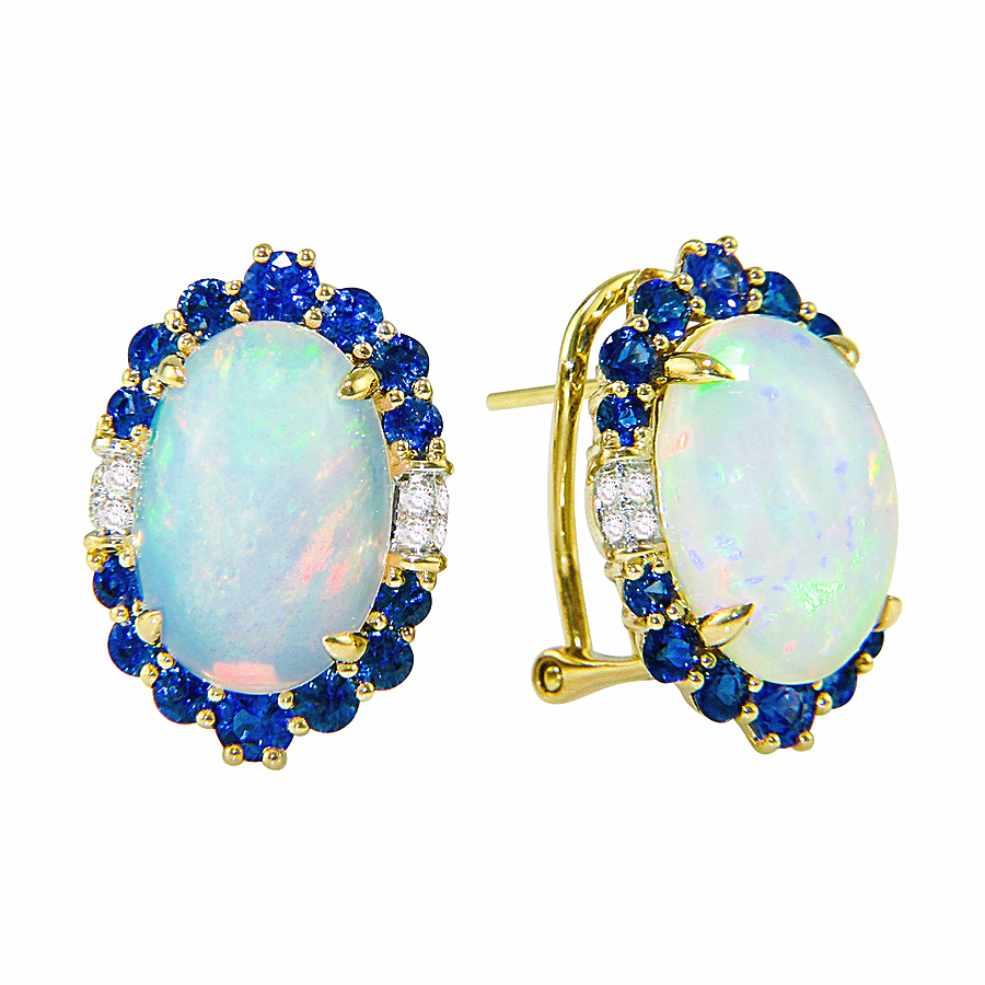 14K Yellow Gold Opal and Sapphire and Natural Diamond Stud Earrings
