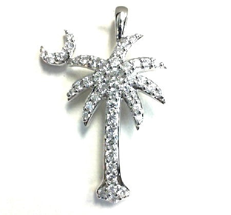 14K White Gold Natural Diamond Palm Tree w/Moon Pendant