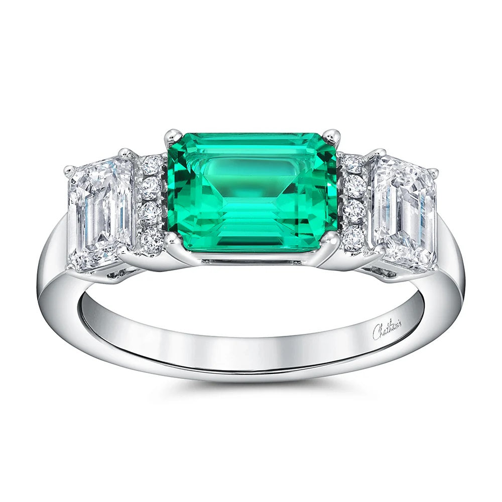 18K White Chatham Emerald and Lab Grown Diamond Ring Size 6.5