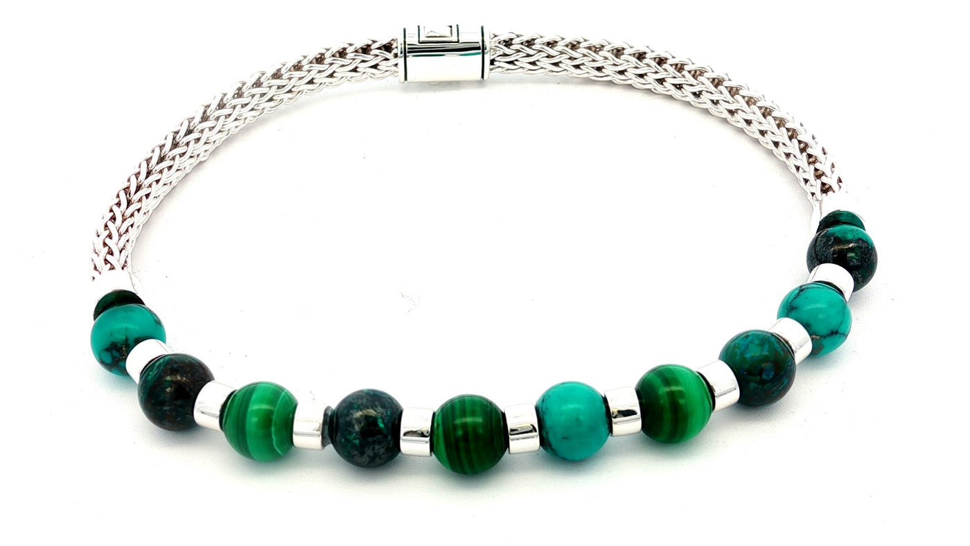Sterling Silver Chrysocolla, Malachite, and Turquoise Beaded Bracelet