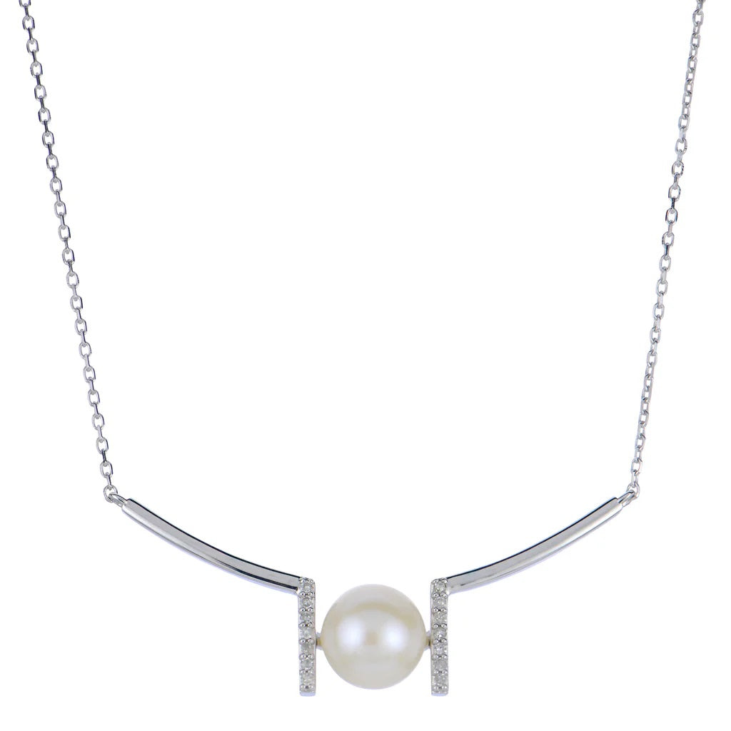 14K White Gold Fresh Water Pearl and Natural Diamond Necklace