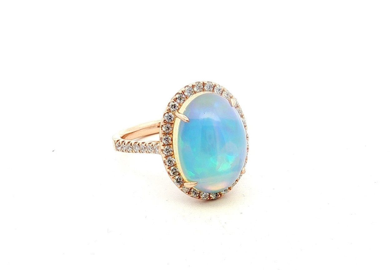 14K Rose Solitaire Opal and Natural Diamond Ring Size 6.75