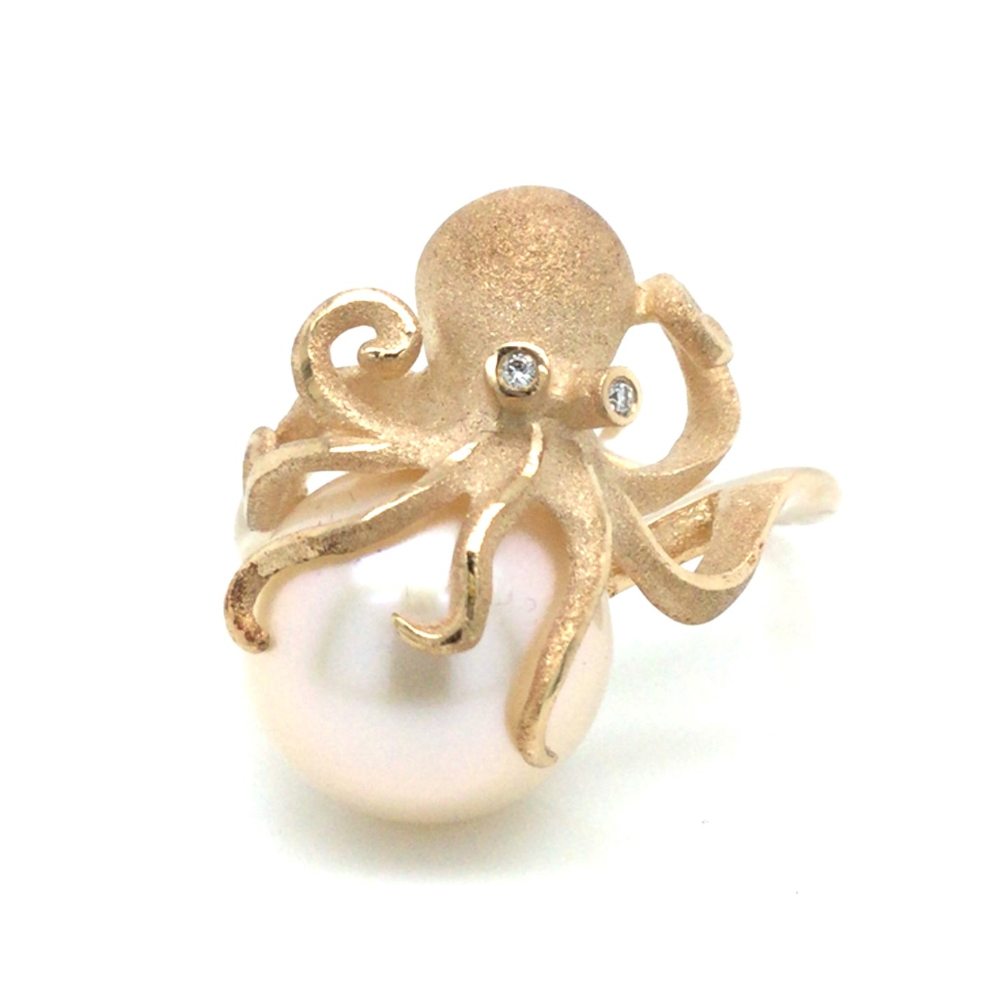 14K Yellow Octopus Fresh Water Pearl and Natural Diamond Ring Size 7