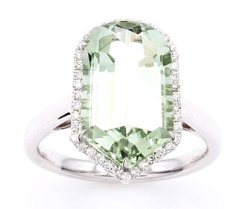 14K White Gold Halo Prasiolite and Natural Diamond Ring