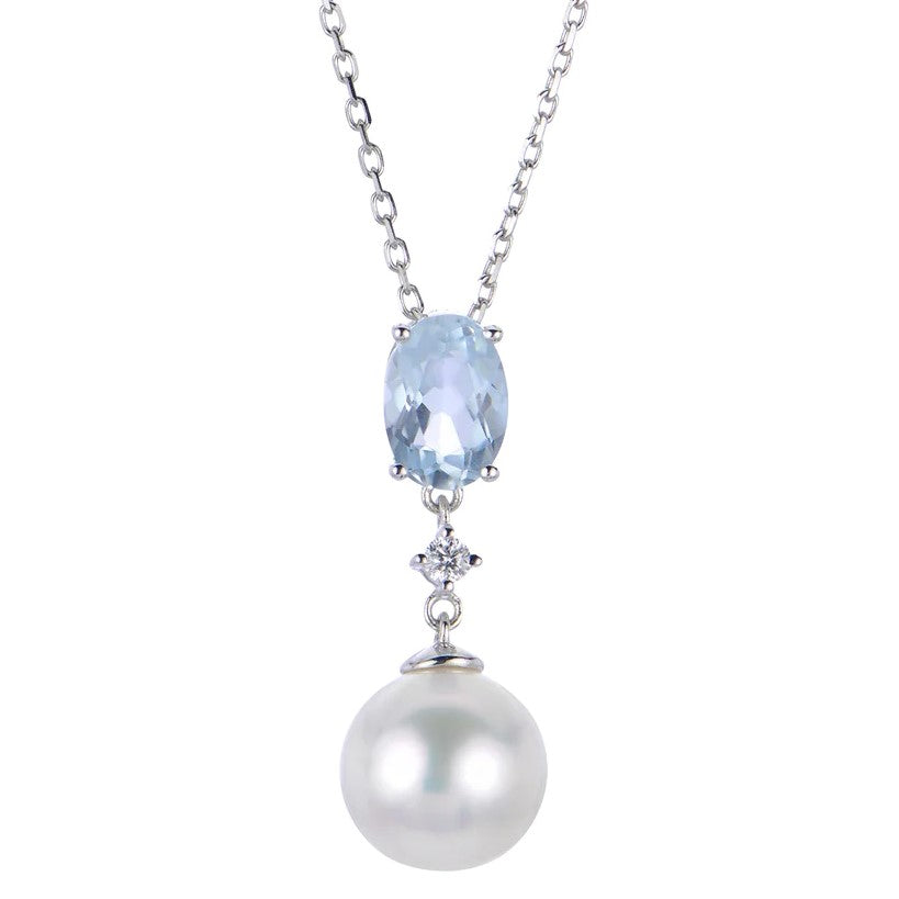 18 inch Fresh Water Pearl, Aquamarine and Natural Diamond Necklace 14K White Gold