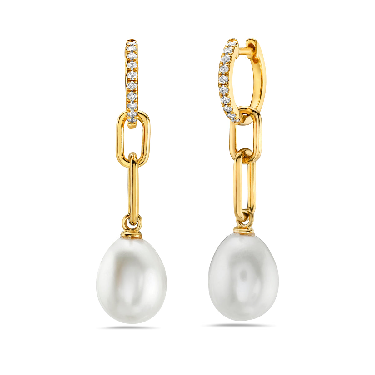 14K Yellow Gold Natural Diamond and Fresh Water Pearl Drop Earrings
