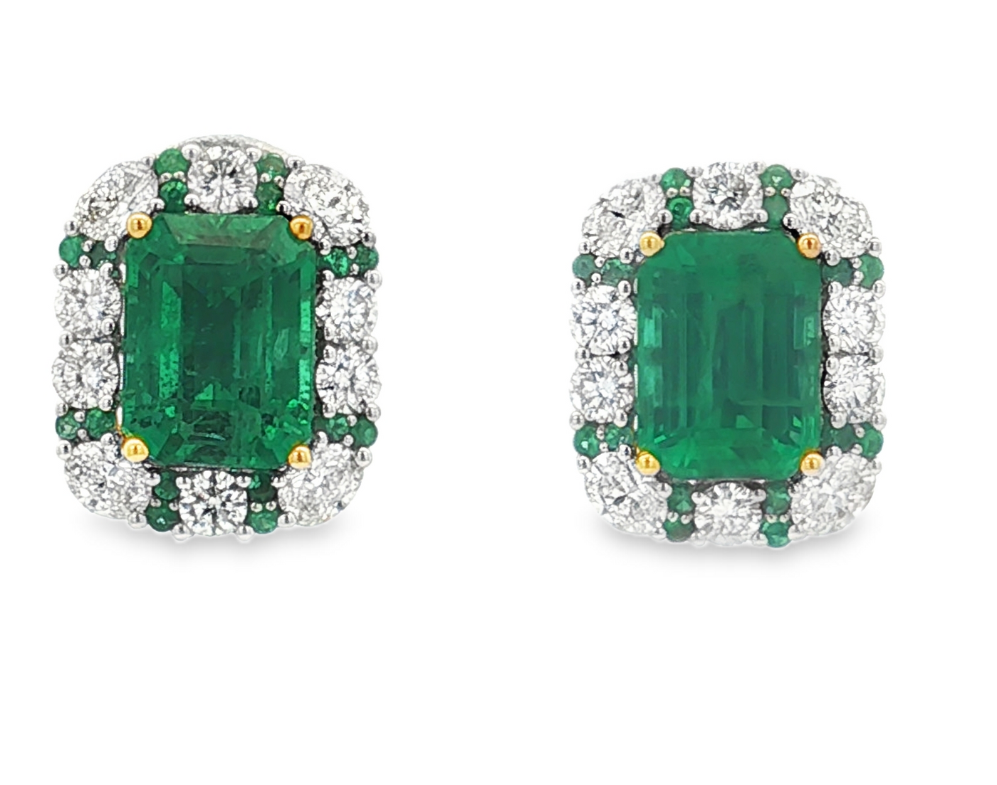 18K Yellow & White Gold Emerald and Natural Diamond Earrings