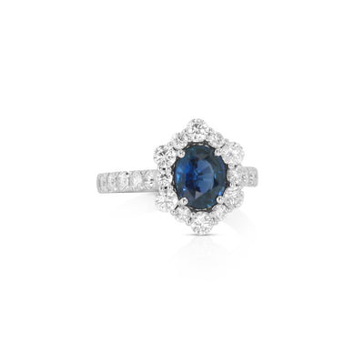 18K White Halo Sapphire and Natural Diamond Ring Size 6.5