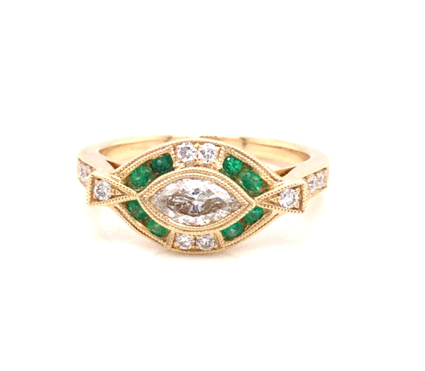14K Yellow Vintage Emerald and Natural Diamond Ring Size 6.5