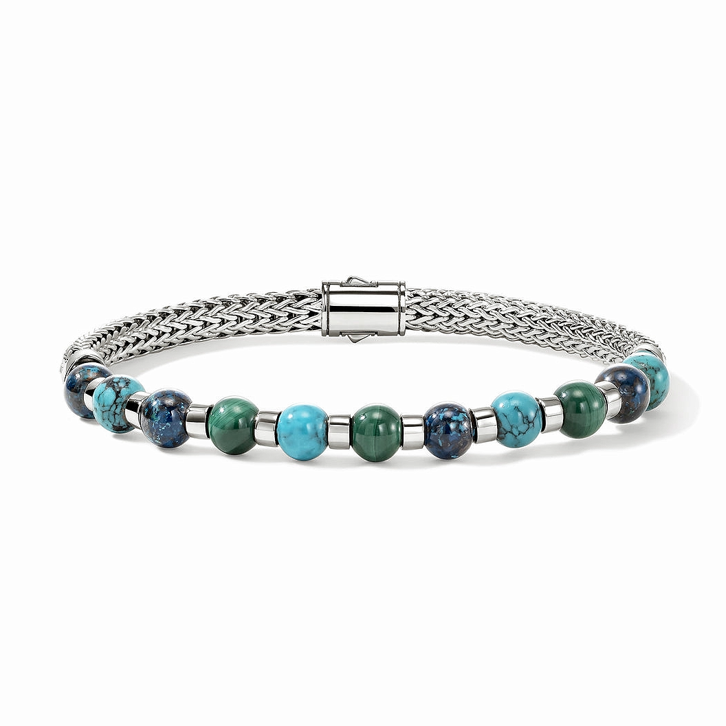 Sterling Silver Chrysocolla, Malachite, and Turquoise Beaded Bracelet