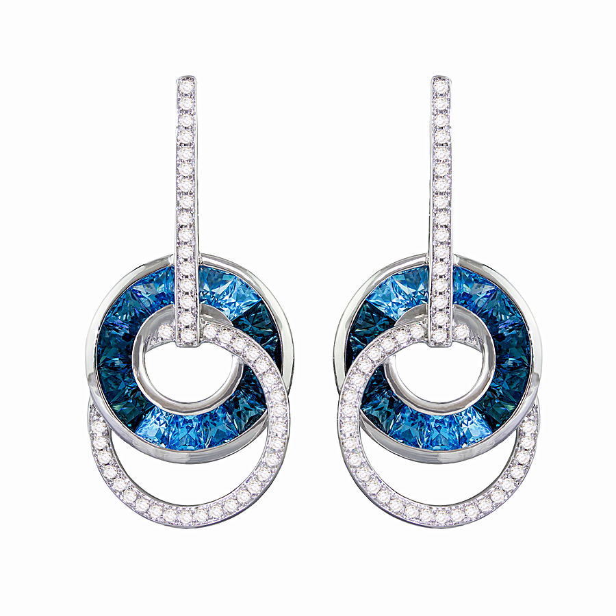 14K White Gold Blue Topaz and Natural Diamond Dangle Earrings
