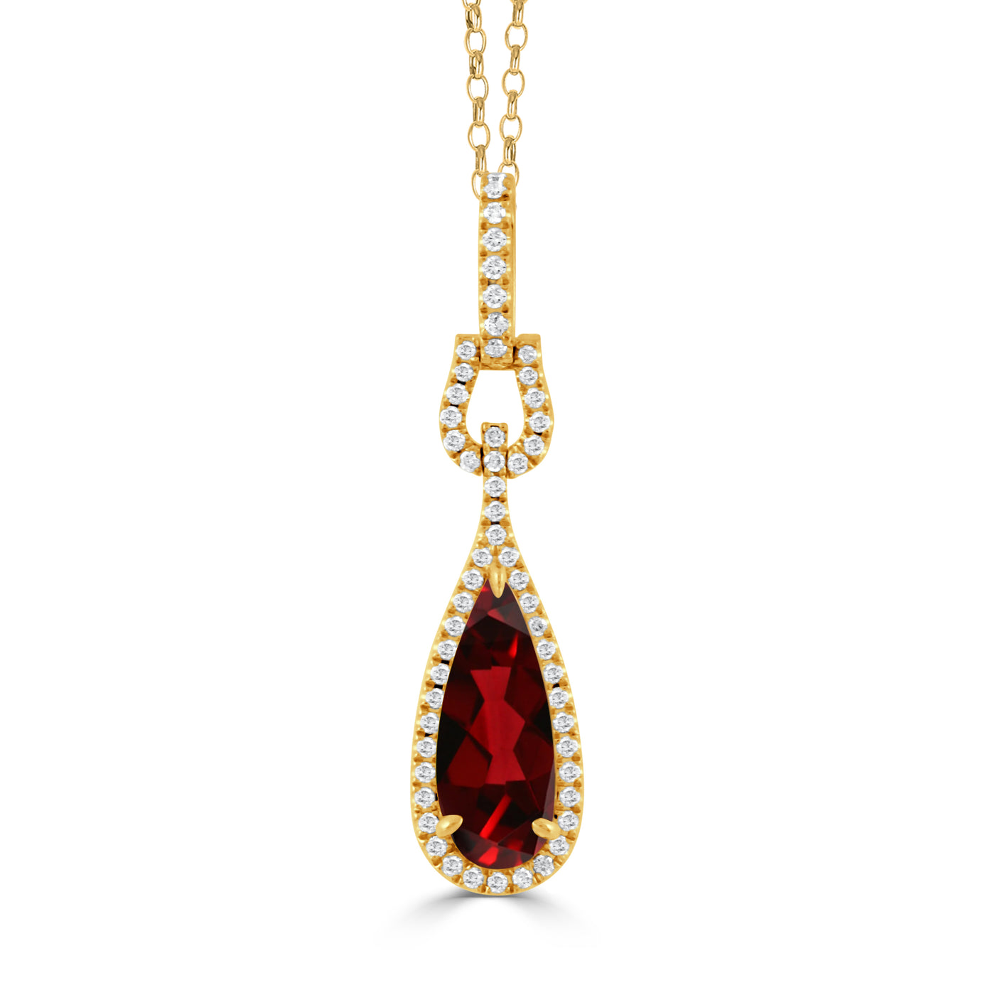 18K Yellow Red Garnet and Natural Diamond 18 inch Necklace