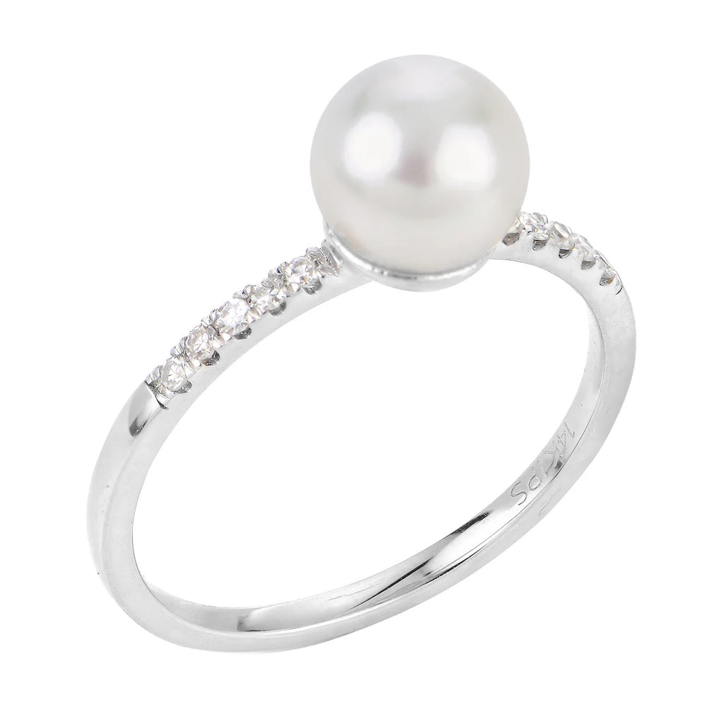 14K White Halo Cultured Akoya Pearl and Natural Diamond Ring Size 7