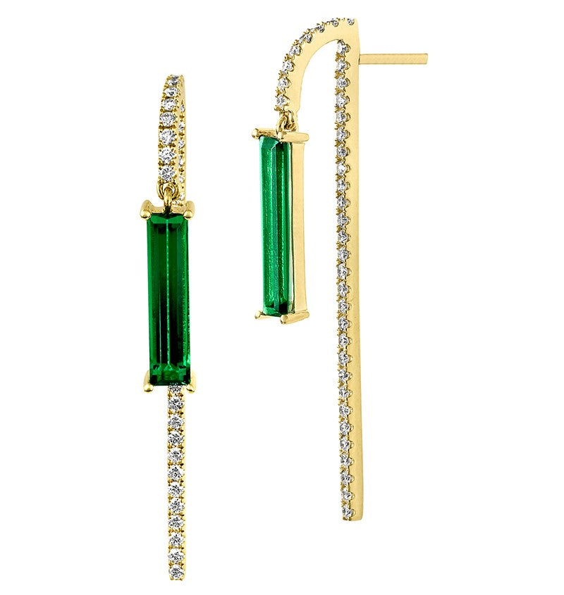 14K Yellow Chatham Emerald and Lab Grown Diamond Drop Earrings