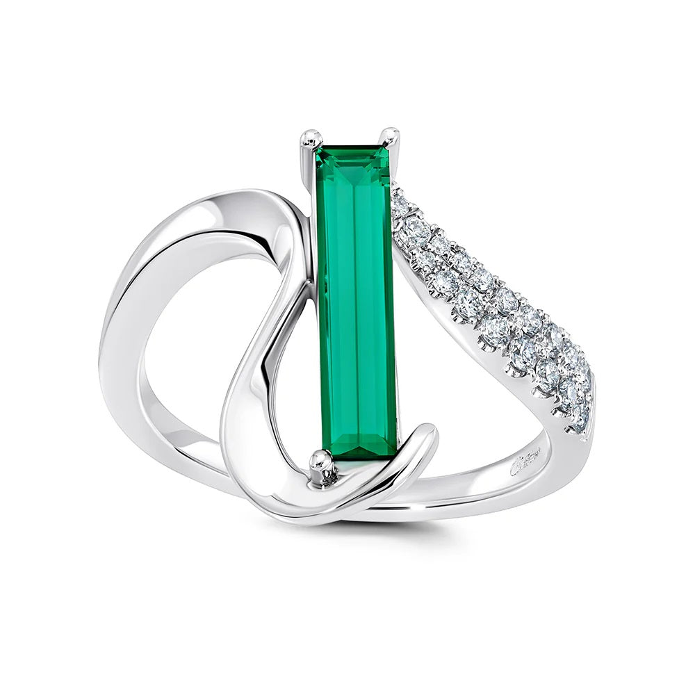 14K White Chatham Emerald and Lab Grown Diamond Ring Size 6.5