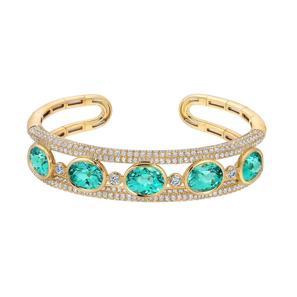 18K Yellow Chatham Chrysoberyl and Lab Grown Diamond Cuff Bracelet