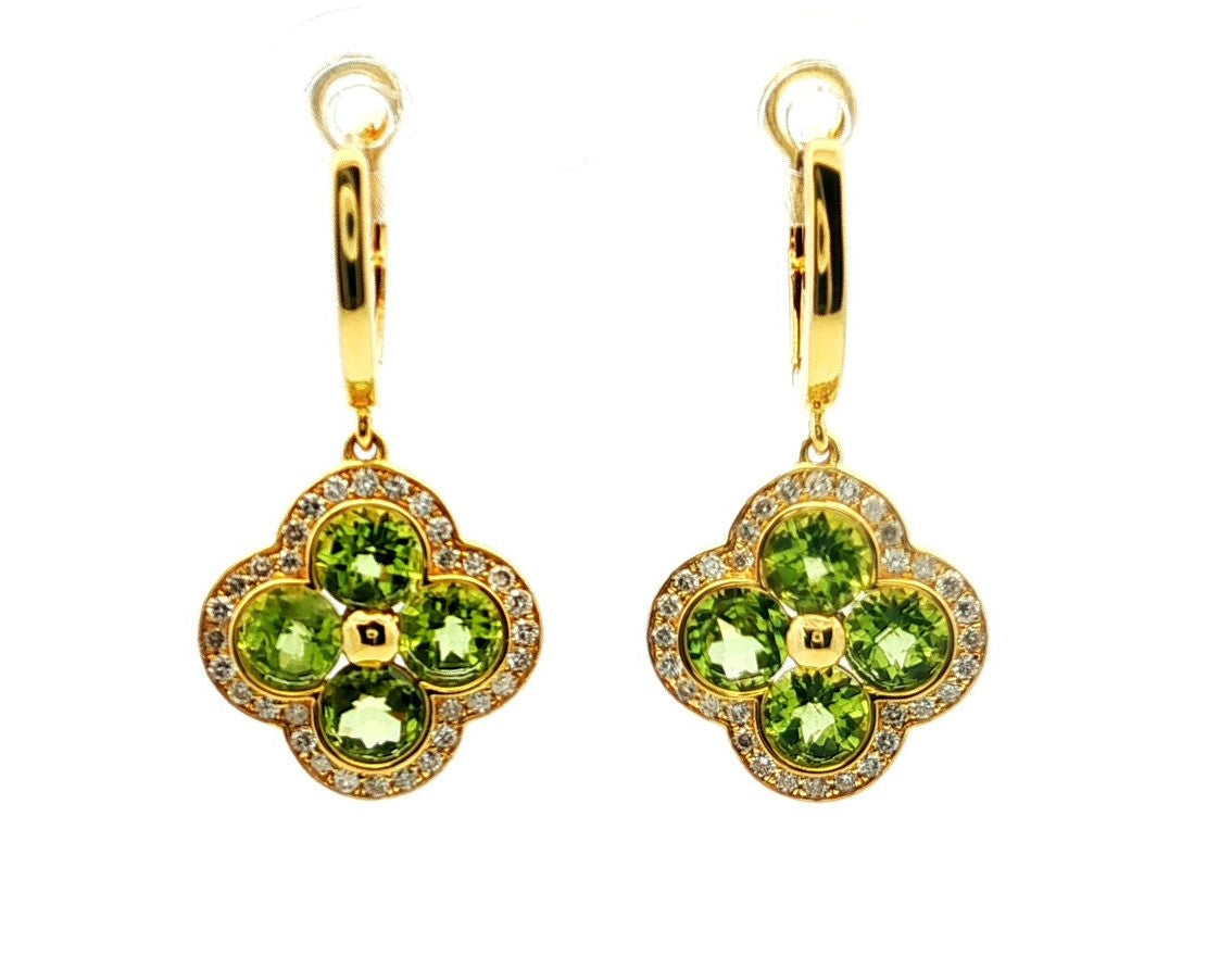 14K Yellow Gold Peridot and Natural Diamond Dangle Earrings