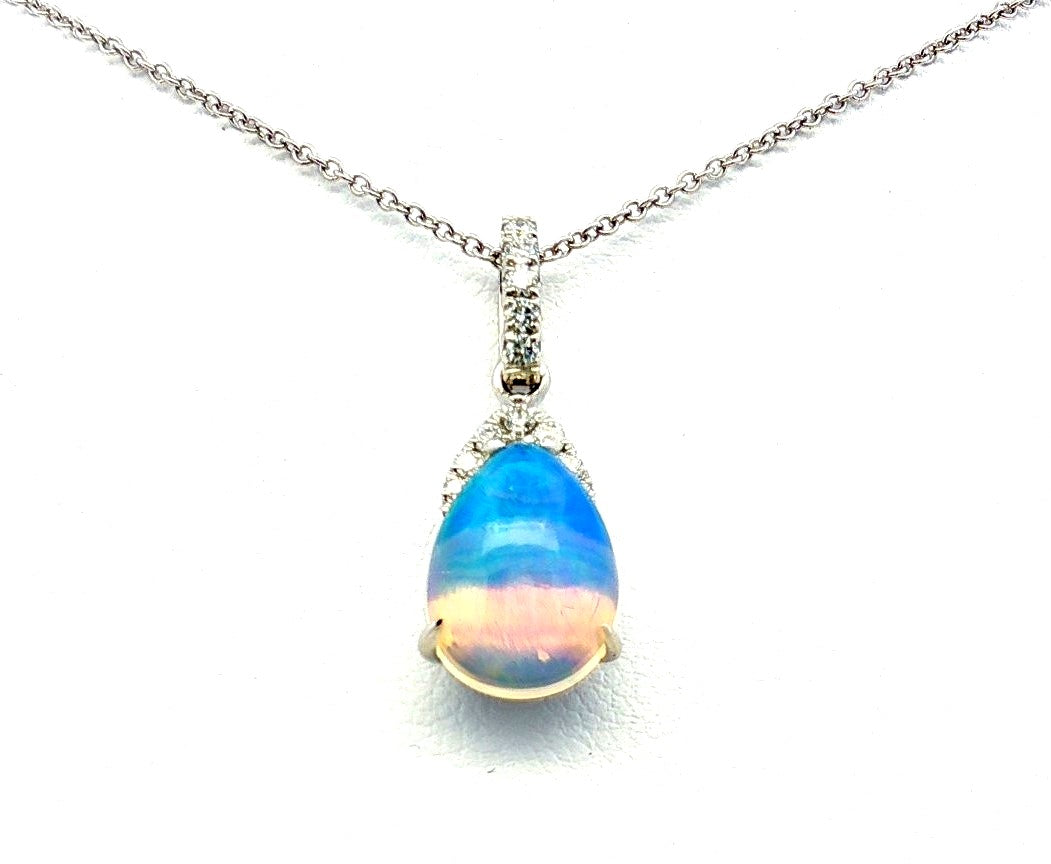 14K White Gold Opal and Natural Diamond Pendant