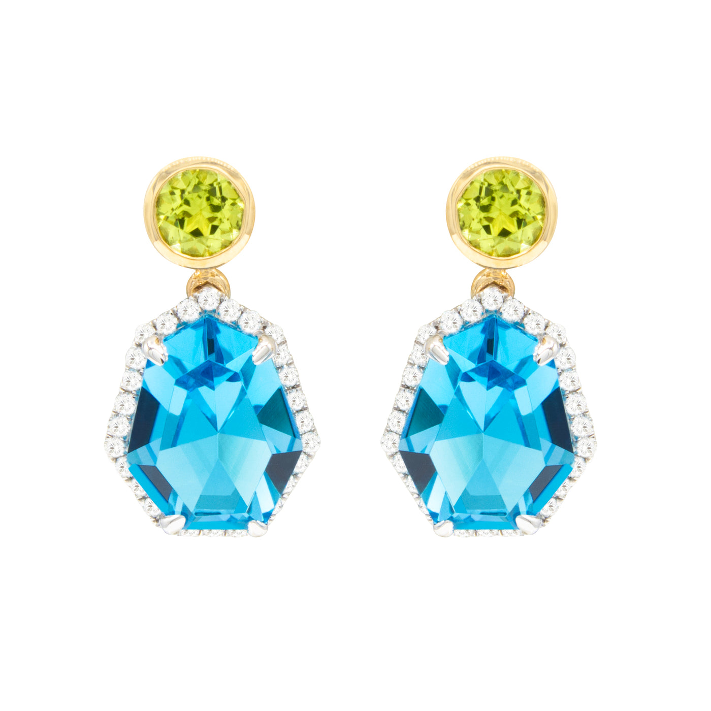 14K Yellow & White Blue Topaz, Peridot and Natural Diamond Earrings