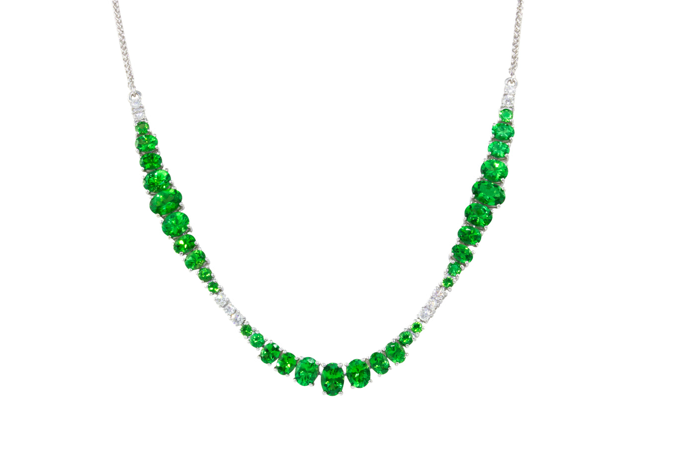 14K White Tsavorite Garnet and Natural Diamond 18 inch Necklace