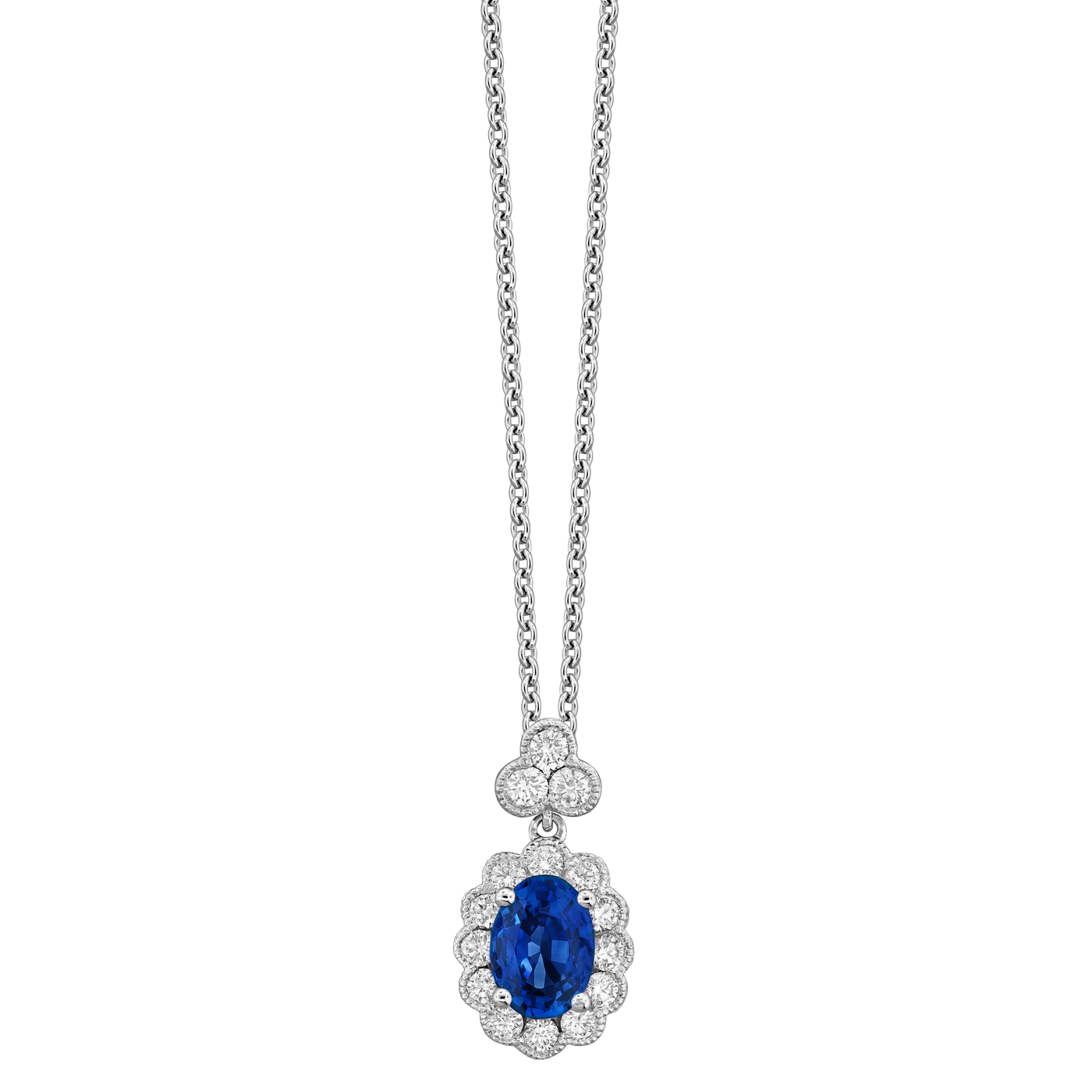 18K White Blue Sapphire and Natural Diamond 17 inch Necklace