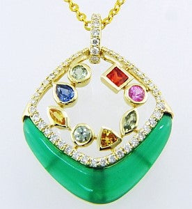 14K Yellow Green Onyx,Multi-Sapphire and Natural Diamond Pendant