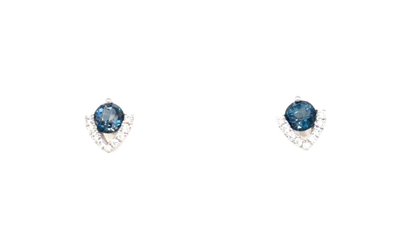 14K White London Blue Topaz and Natural Diamond Stud Earrings