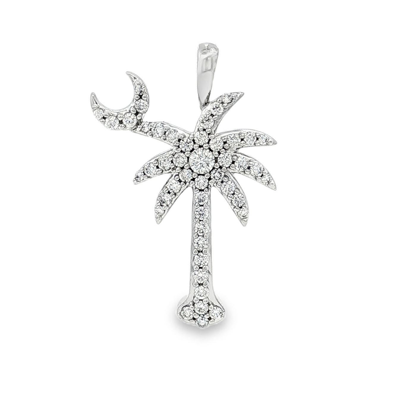 14K White Natural Diamond Palm Tree Pendant