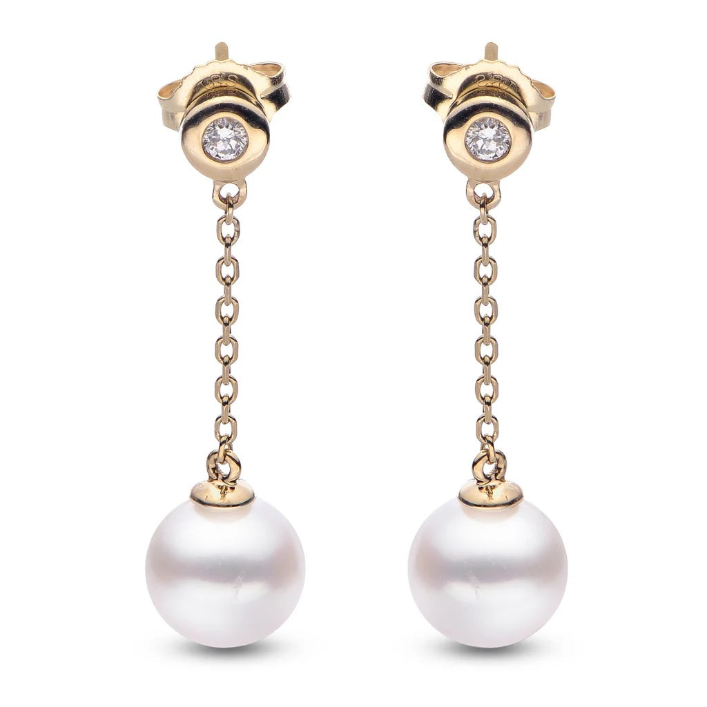 14K Yellow 8 mm Grade A A Cultured Fresh Water Pearl and Natural Diamond Dangle Earrings