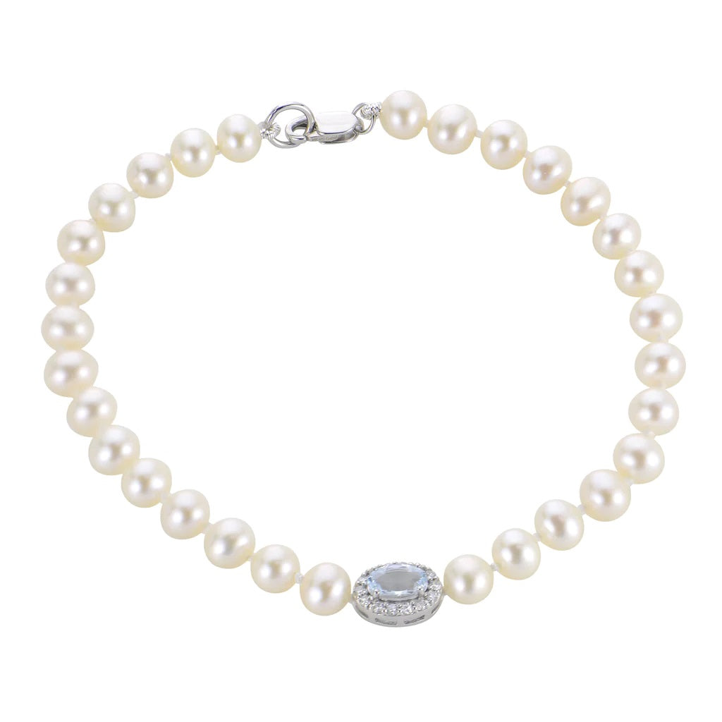 7.5 inch Fresh Water Pearl, Aquamarine and Natural Diamond Bracelet with 14K clasp
