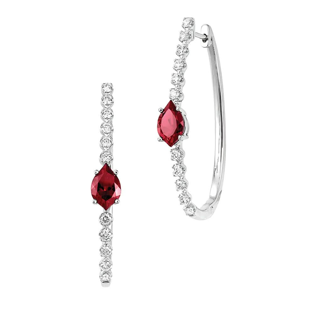 14K White Chatham Ruby and Lab Grown Diamond Hoop Earrings