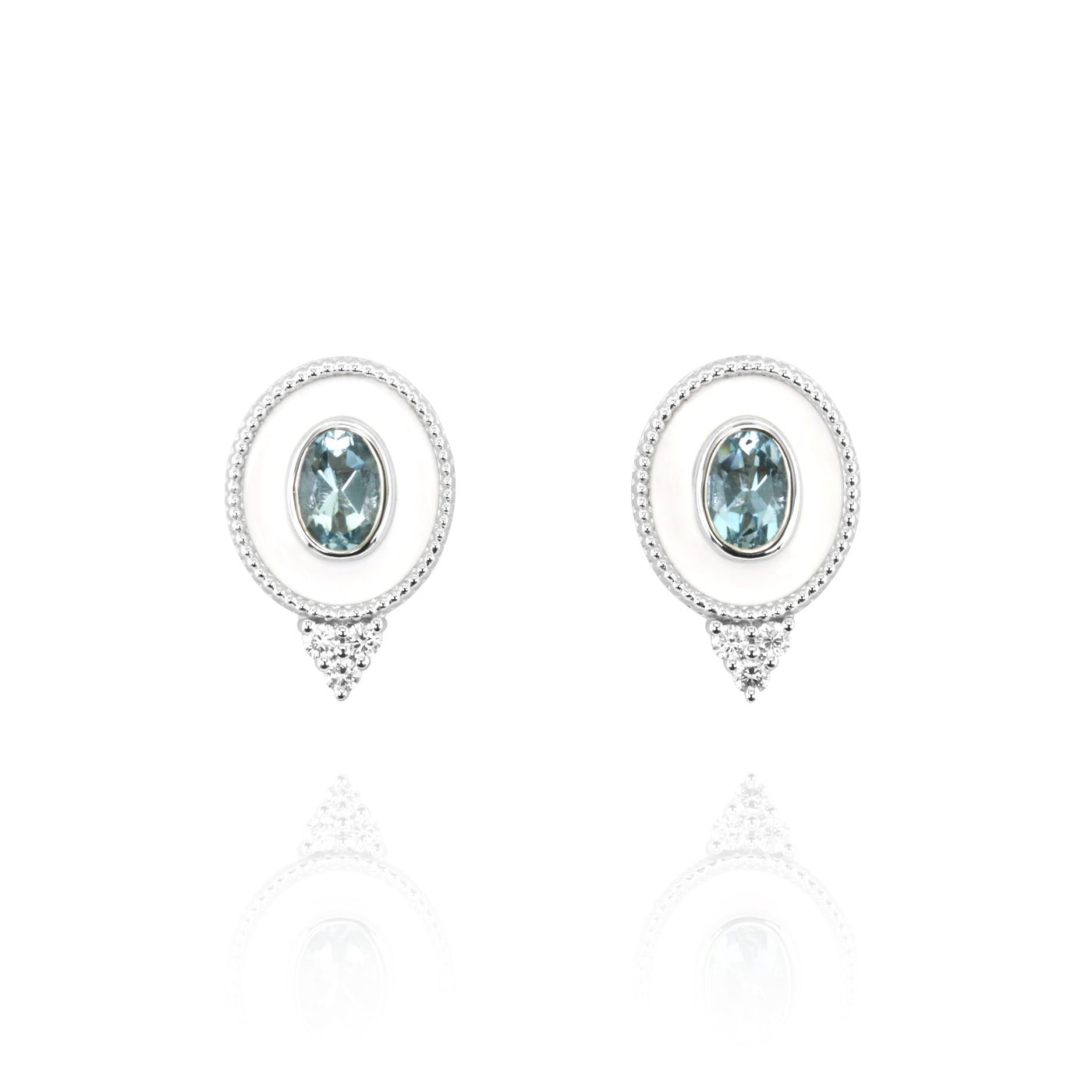 14K White White Enamel, Aquamarine and Natural Diamond Stud Earrings