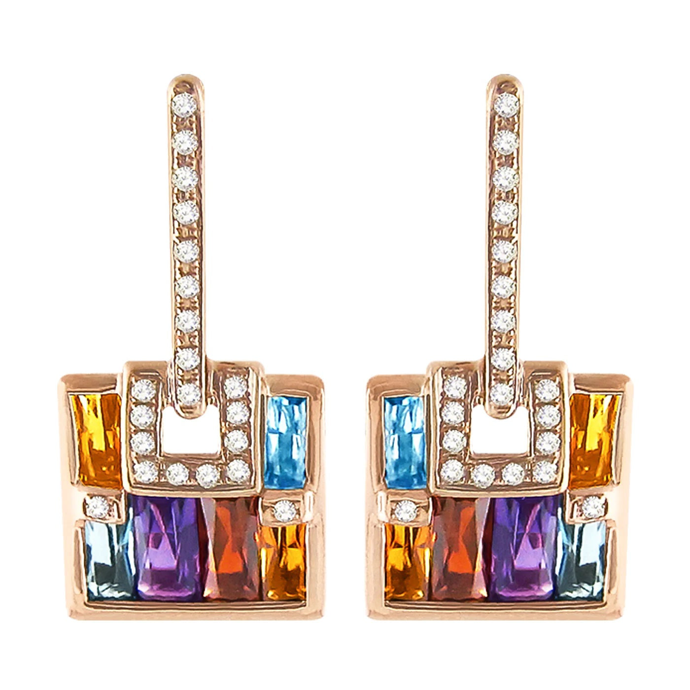 14K Rose Multi-Colored Gemstone and Natural Diamond Dangle Earrings