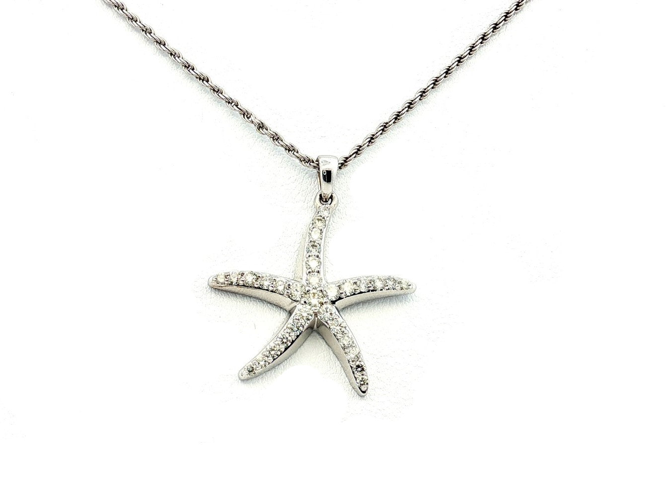 14K White Natural Diamond Starfish Pendant
