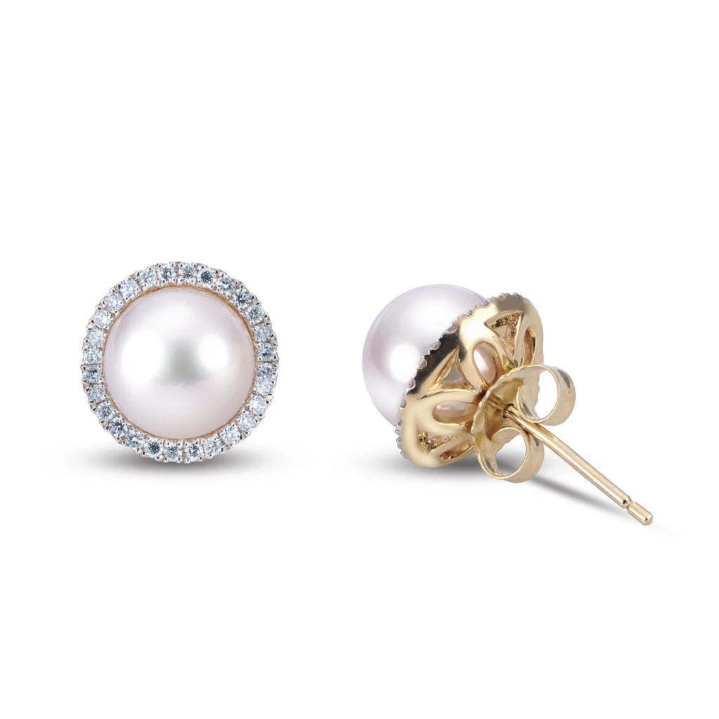 14K Yellow 8 mm Akoya Pearl and Natural Diamond Stud Earrings