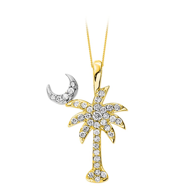 14K Yellow & White Gold Natural Diamond Palm Tree w/Moon Pendant