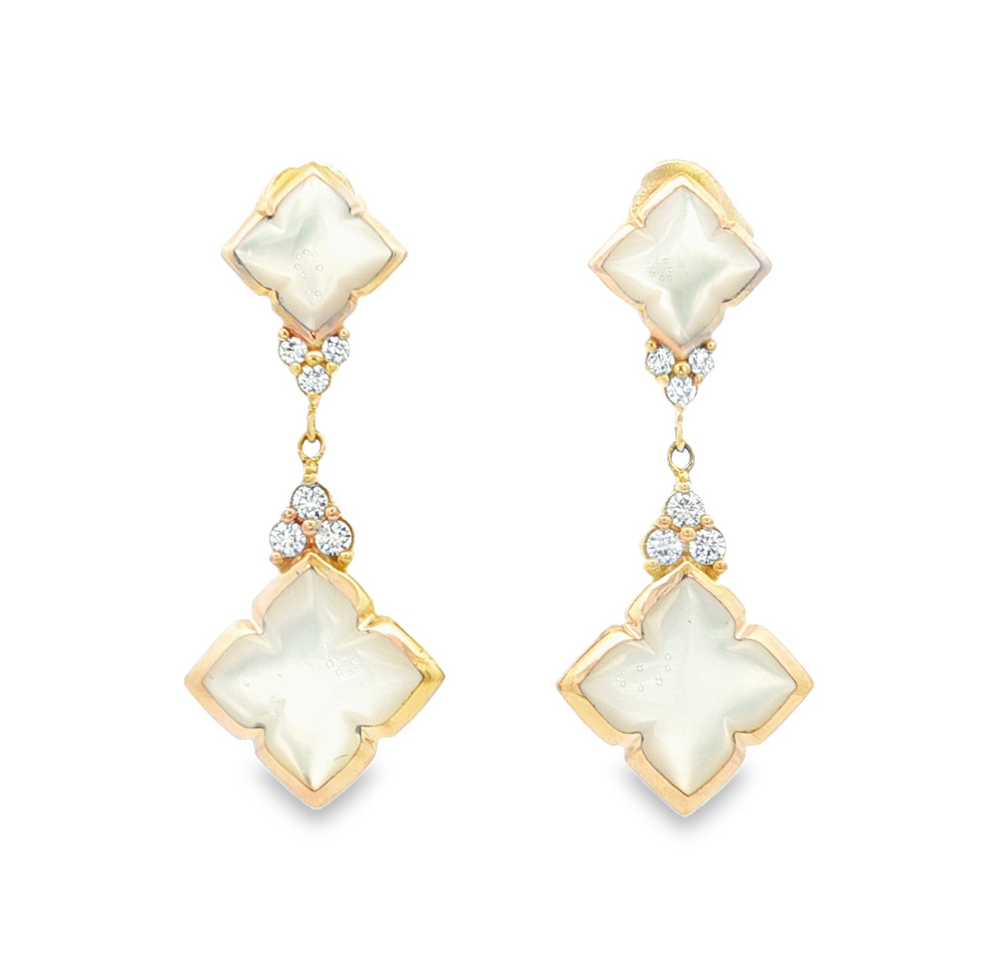 14K Yellow Gold Natural Diamond and Mother of Pearl Dangle Earrings
