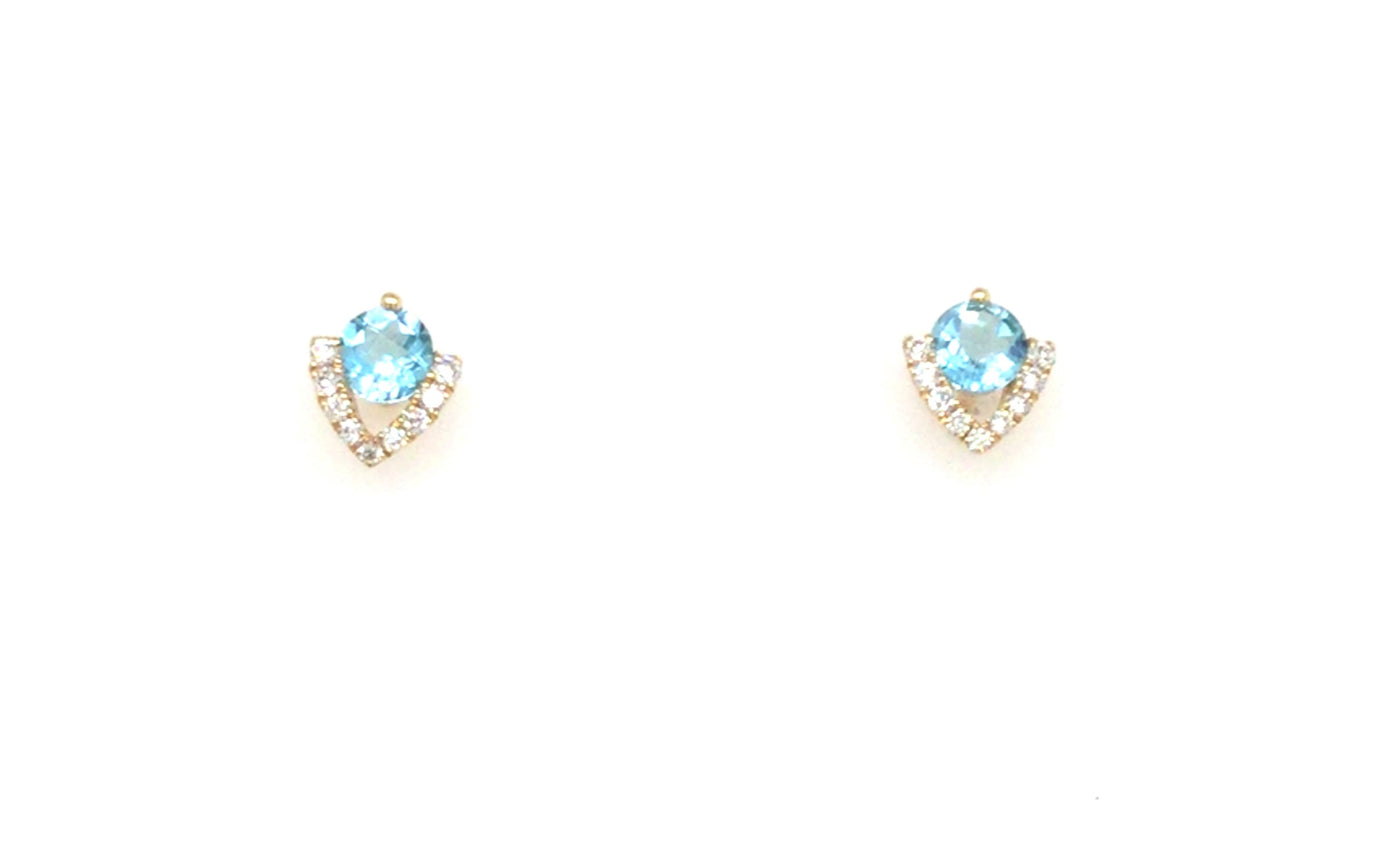 14K Yellow Blue Topaz and Natural Diamond Stud Earrings