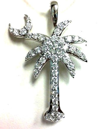 14K White Natural Diamond Palm Tree w/Moon PendantPendant