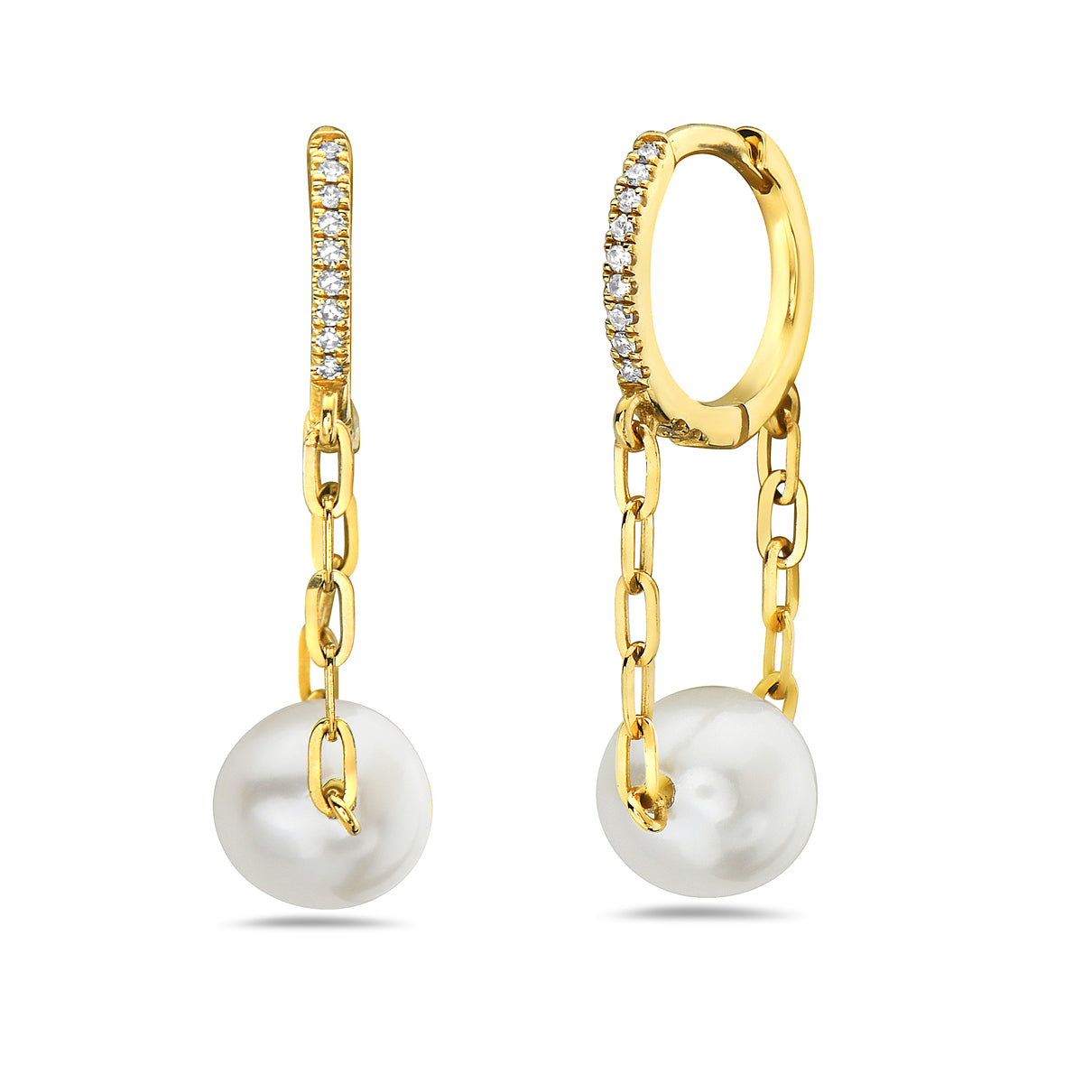 14K Yellow Gold Natural Diamond and Fresh Water Pearl Drop Earrings