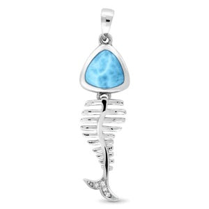 Sterling Silver Larimar and White Sapphire Bone Fish 21 inch Necklace