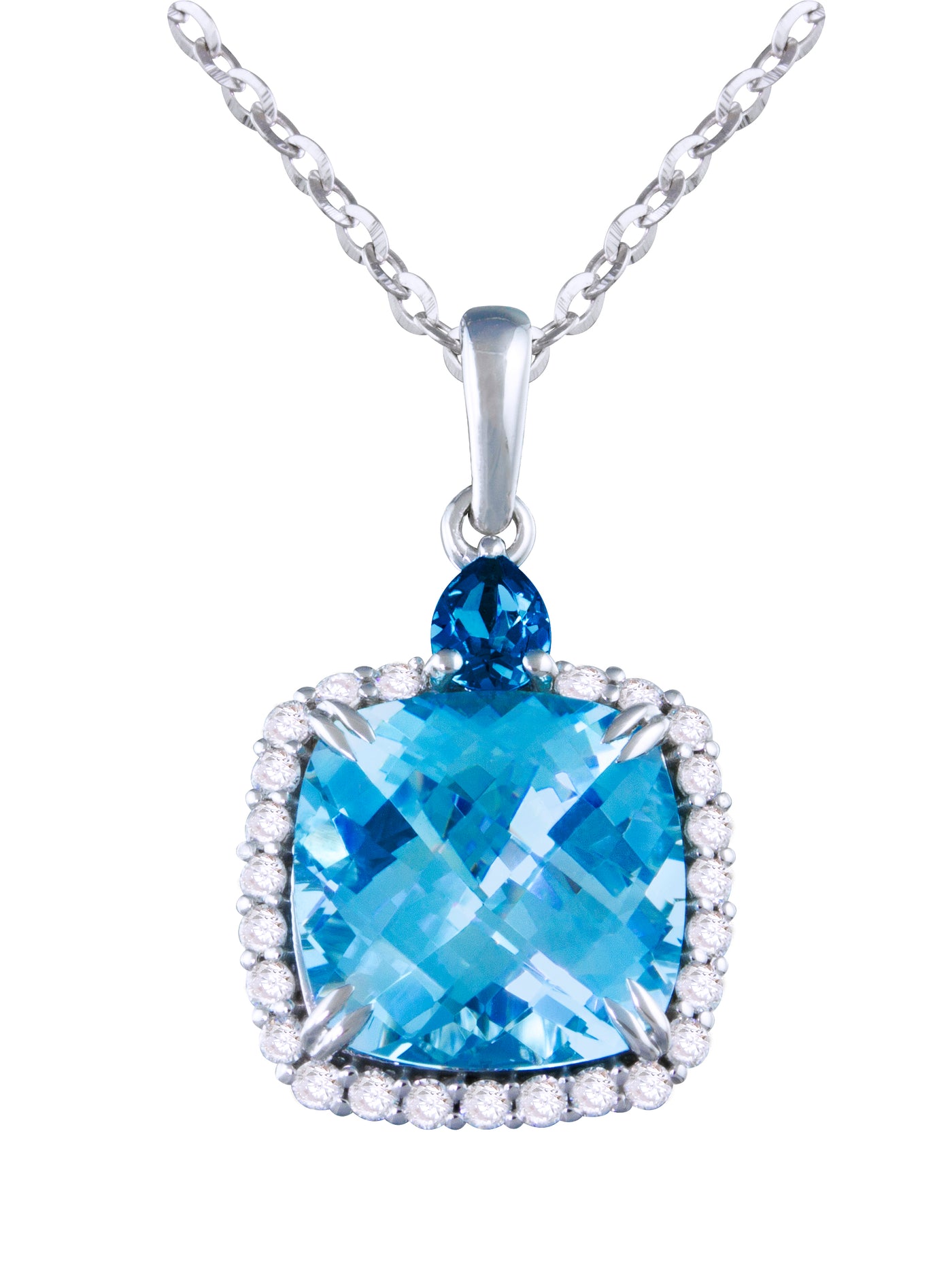 14K White Gold Blue Topaz and Natural Diamond 18 inch Necklace