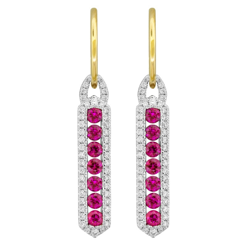 18K Yellow & White Ruby and Natural Diamond Dangle Earrings