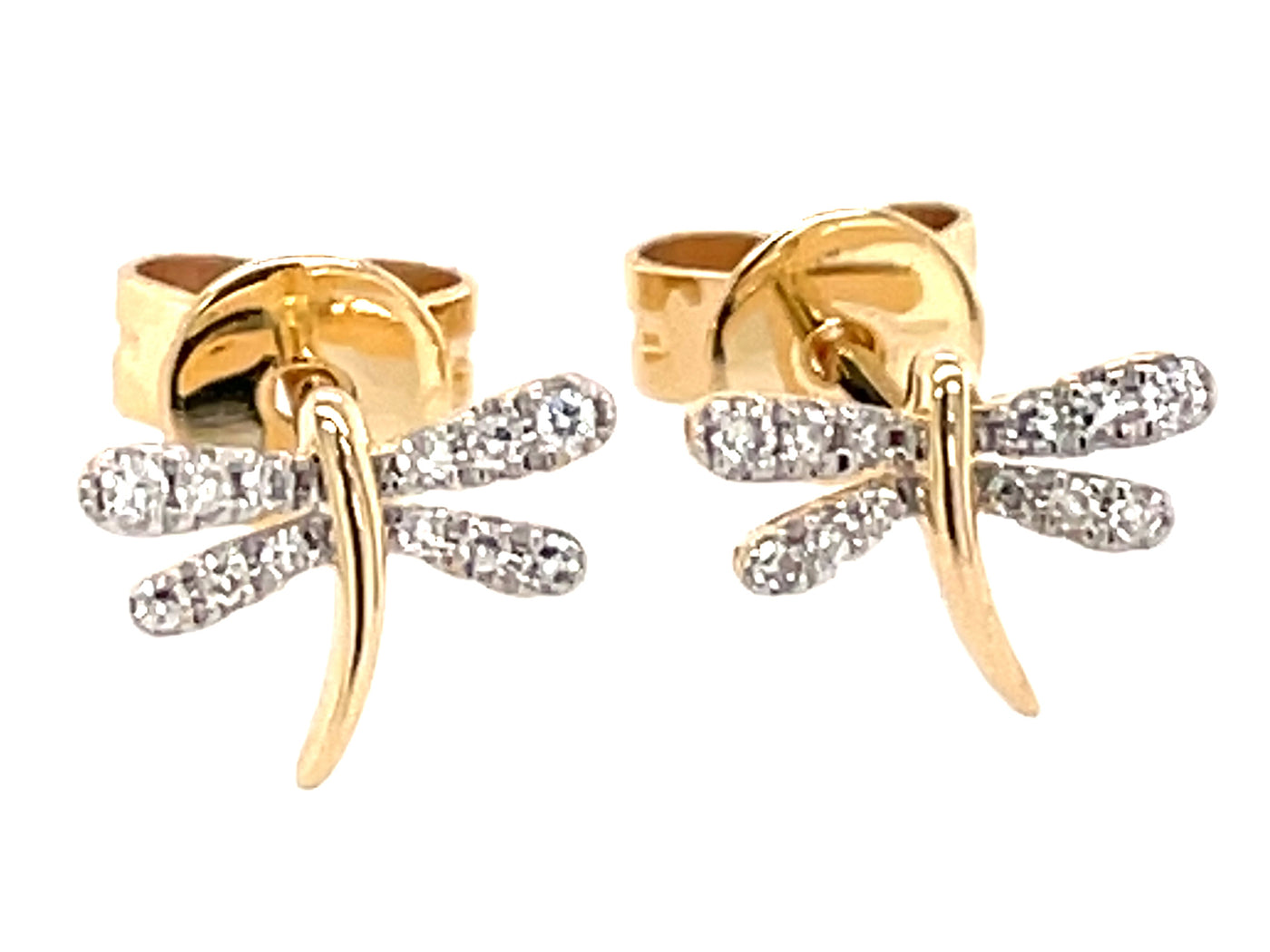 14K Yellow Dragonfly Natural Diamond Stud Earrings