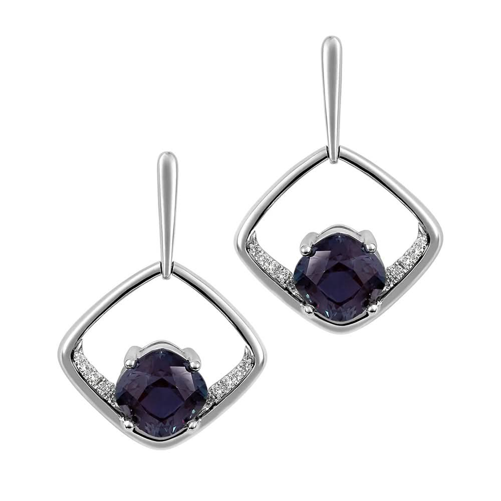 14K White Chatham Alexandrite and Lab Grown Diamond Earrings