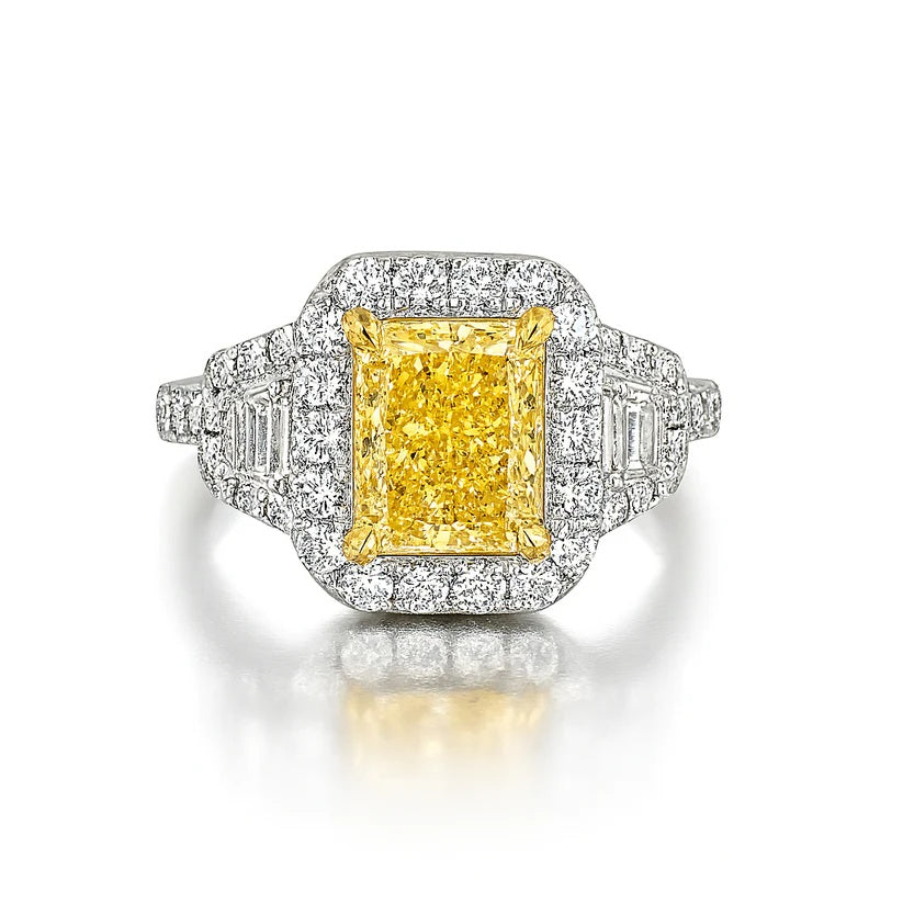 18K White Gold Natural Yellow Diamond Three Stone Engagement Ring