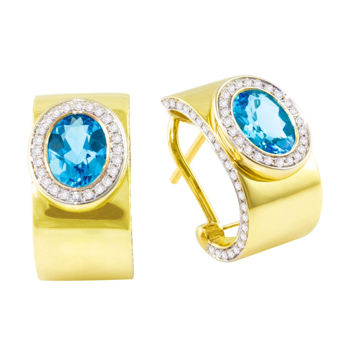 14K Yellow Gold Blue Topaz and Natural Diamond Huggie Earrings