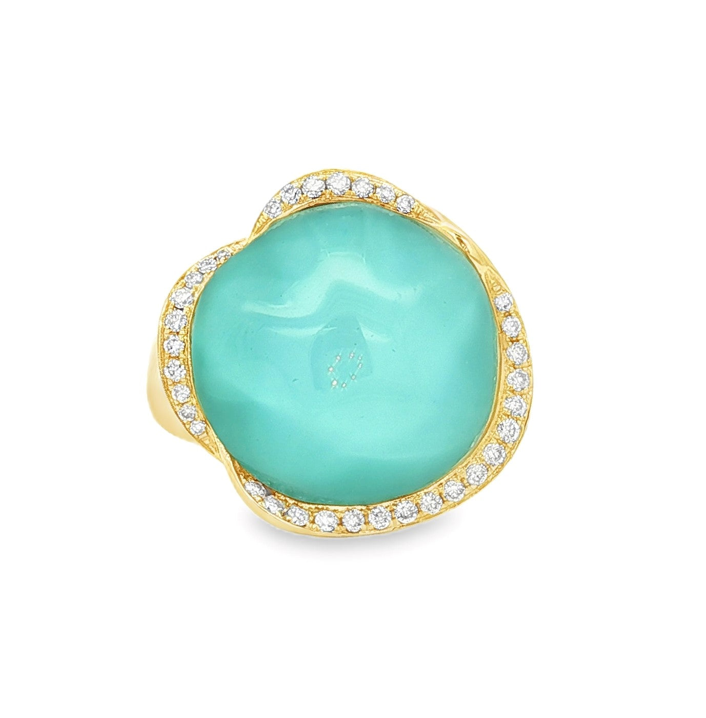 14K Yellow Free Form Turquoise and White Topaz and Natural Diamond Ring Size 6.5