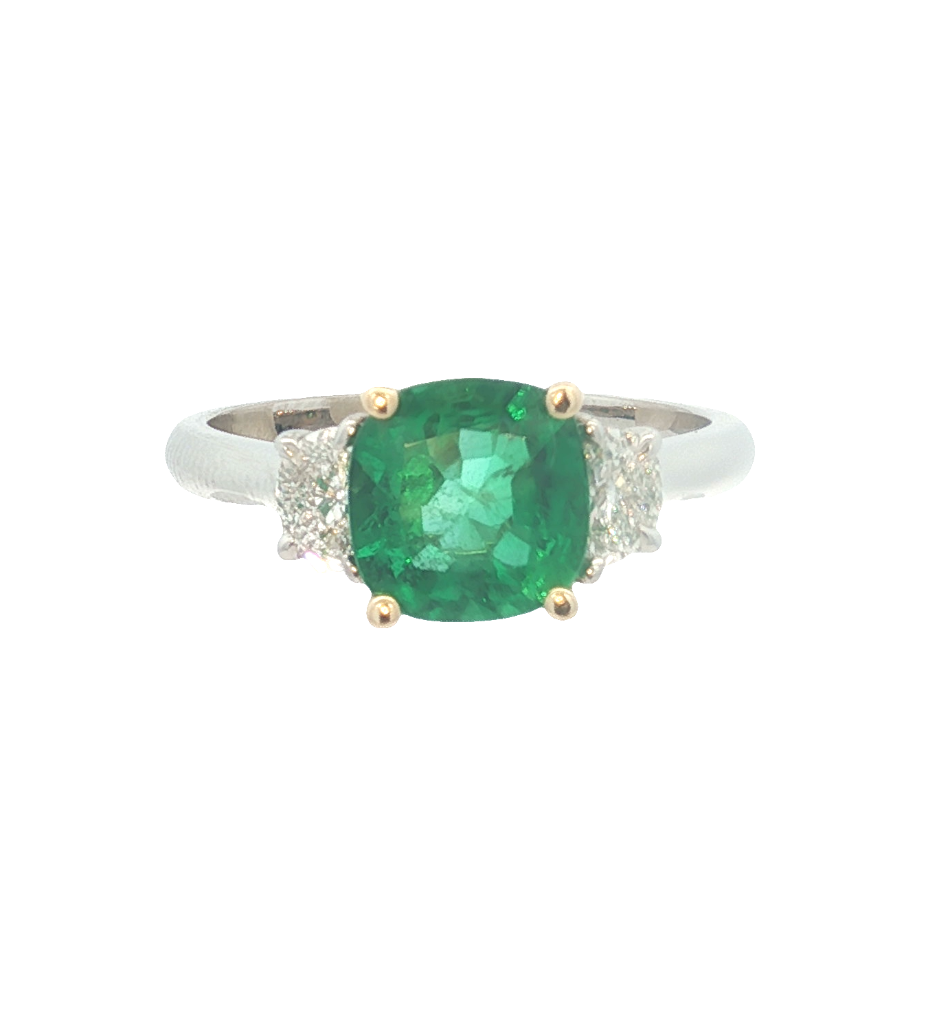 Platinum/18K Yellow Gold 3 Stone Emerald and Natural Diamond Ring