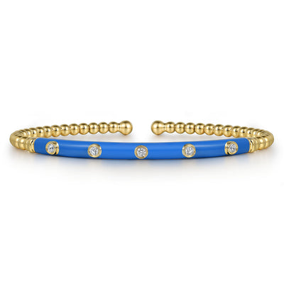 14K Yellow Blue Enamel and Natural Diamond Cuff Bracelet